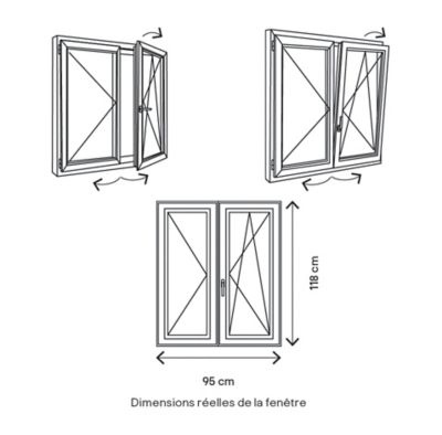 Fenêtre 2 vantaux oscillo-battante, tirant droit double vitrage GoodHome en PVC blanc l.95 x H.118 cm