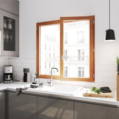 Fenêtre 2 vantaux tirant droit double vitrage GoodHome en bois marron l.125 x H.107,8 cm
