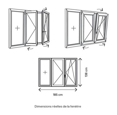 Fenêtre 3 vantaux oscillo-battant double vitrage GoodHome en PVC blanc l.185 x H.138 cm