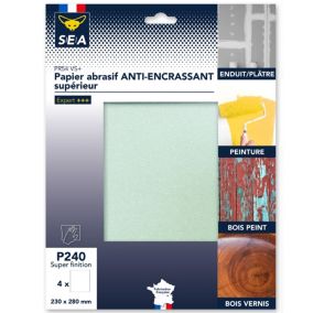 Feuille abrasive 230 x 280 mm grain 240 anti-encrassement souple, lot de 4