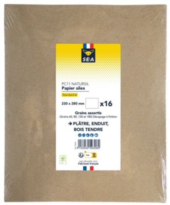 Feuille abrasive 230 x 280 mm grain 60 / 80 / 120 / 180 plâtre, lot de 16