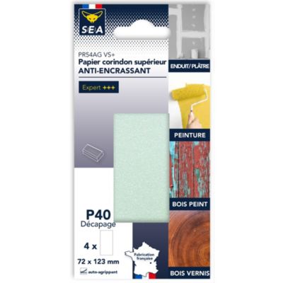 Feuille abrasive corindon 72 x 123 mm grain 40 anti-encrassement, lot de 4