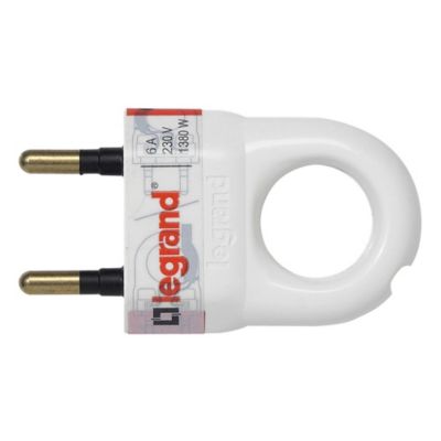 Fiche mâle 6A 2 P+T blanc avec anneau Legrand