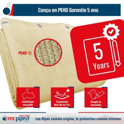 Filet Pergola 3x4 m Beige Sable - Garantie 5 ans TECPLAST - FP320PR - Filet d'ombrage perméable pour Pergola ou Tonnelle