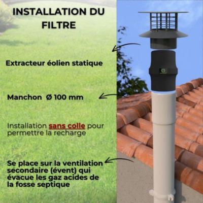 Filtre Anti-Odeurs Haute Performance au Charbon Actif Anti-H2S, diametre 100 mm, Solution Sans Collage, pour Fosse Septique &