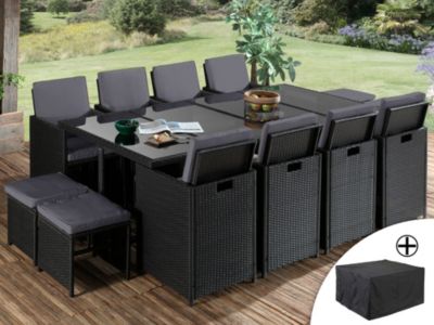 Fira - Salon de jardin encastrable 12 places -   tressée - Noir avec coussins gris + housse de protection - Best Mobilier