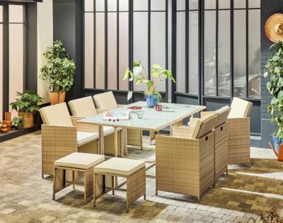 Fira - salon de jardin encastrable   tressée beige - 10 places - coussins beige + housse de protection - Best Mobilier