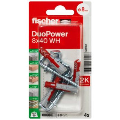 Fischer DuoPower 8 x 40 WH set de chevilles avec crochet coudé, 4 pièces