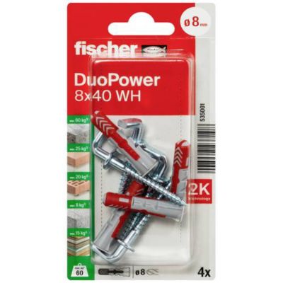 Fischer DuoPower 8 x 40 WH set de chevilles avec crochet coudé, 4 pièces