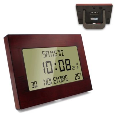 FISHTEC - Horloge Réveil Murale Radiopilotée - Grand Écran LCD - Heure, Date, Température - Double Alarme & Design Effet Bois