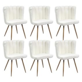 FJARD - Lot de 6 Fauteuils Blanc Tissu Bouclettes