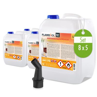 Flambiol 8 x 5 L Bioéthanol 96,6% Premium - Pour Cheminée À Éthanol, Godets À Éthanol Et Braséros Au Bioéthanol