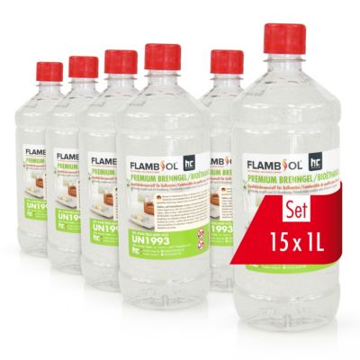 Flambiol Bioéthanol Premium En Gel (15 x 1 L), Combustible Longue Durée, Idéal Pour Cheminées D'intérieur/d'extérier
