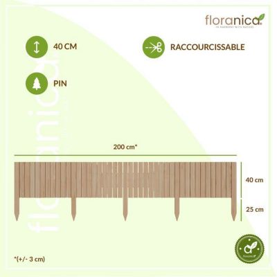 Floranica Bordure de jardin en bois flexible 40 x 200 cm Non-traité avec piquets, idéale pour délimiter pelouse et massifs de fleu