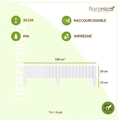 Floranica Bordure flexible de parterre Imprégnée 100 x 20 cm Blanc (raccourcissable) Clôture en bois en pin Palissade Rollboarder