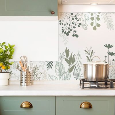 Fond de hotte en aluminium - floral vert sauge - 70x90 cm
