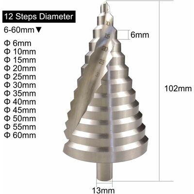 Foret étagé HSS 6-60mm Spirale Fente Conique Fraise 12 étapes Pour Visseuse Percage sur Acier Laiton Bois Plastique,etc