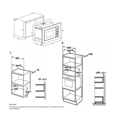 Four micro-ondes encastrable CONTINENTAL EDISON MO20IXES Noir et Inox L59,5 x 38,8 x P34,5 cm 20L
