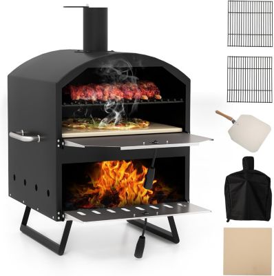 Four à Pizza Extérieur 40CM, Fabricant de Pizza à Bois à 2 Niveaux avec Pierre,Pelle & Grilles,avec Pieds Pliants et Housse