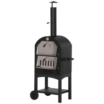 Four à pizza extérieur charbon bois - 2 roues, pierre réfractaire, étagère, cheminée, jauge température - acier carbone noir gris