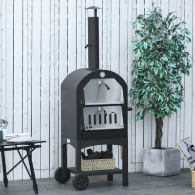 Four à pizza extérieur charbon bois - 2 roues, pierre réfractaire, étagère, cheminée, jauge température - acier carbone noir gris