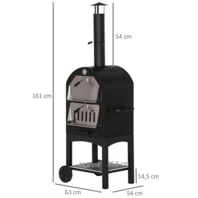 Four à pizza extérieur charbon bois - 2 roues, pierre réfractaire, étagère, cheminée, jauge température - acier carbone noir gris