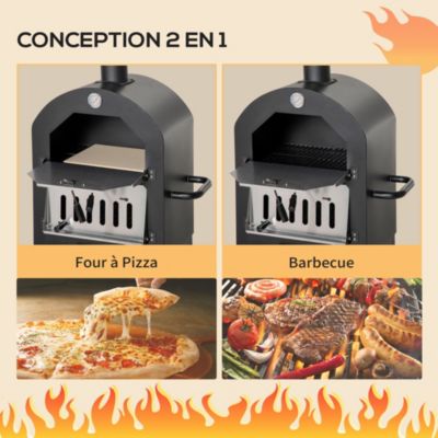 Four à pizza extérieur charbon bois - 2 roues, pierre réfractaire, étagère, cheminée, jauge température - acier carbone noir gris