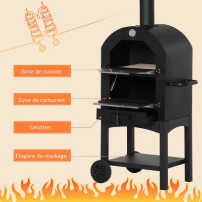 Four à pizza extérieur charbon bois - 2 roues, pierre réfractaire, étagère, cheminée, jauge température - acier carbone noir gris