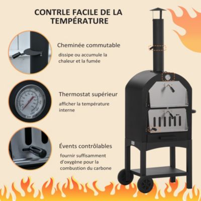 Four à pizza extérieur charbon bois - 2 roues, pierre réfractaire, étagère, cheminée, jauge température - acier carbone noir gris