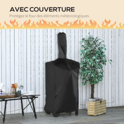 Four à pizza extérieur charbon bois - 2 roues, pierre réfractaire, étagère, cheminée, jauge température - acier carbone noir gris