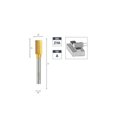 Fraise Rotative HM TiN Tige Cylindrique sans Coupe Frontale - Fontes, Aciers D. 8 x Lt. 65 x Lu. 20 x Q. 6 mm - Diamwood