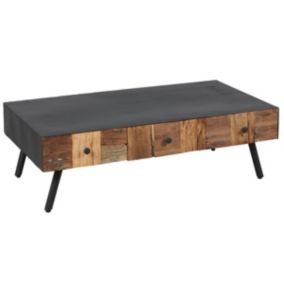 FULBERT - Table Basse 3 Tiroirs Acier et Bois Massif