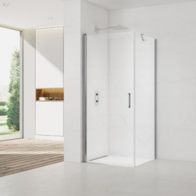 Fusion ensemble porte pivotante /paroi 90x90cm anticalcaire avec profilés chrome brillant (SATFUD90S90-SET)