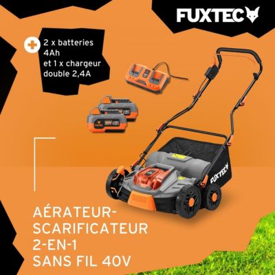 Fuxtec Scarificateur Aérateur À Batterie 40v Set Fx-e2ve38set Avec 2 Batteries Et Chargeur, 2-en-1, Largeur 38 Cm