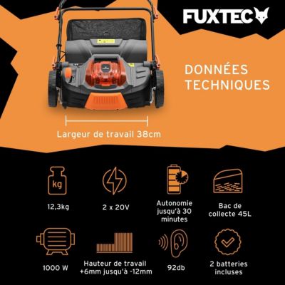 Fuxtec Scarificateur Aérateur À Batterie 40v Set Fx-e2ve38set Avec 2 Batteries Et Chargeur, 2-en-1, Largeur 38 Cm