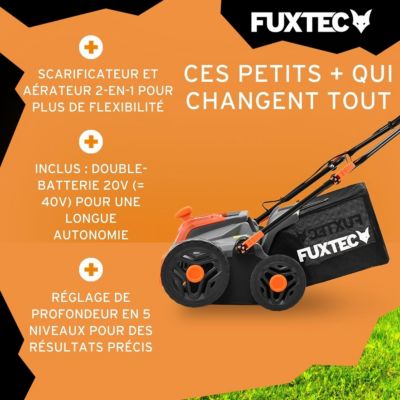 Fuxtec Scarificateur Aérateur À Batterie 40v Set Fx-e2ve38set Avec 2 Batteries Et Chargeur, 2-en-1, Largeur 38 Cm