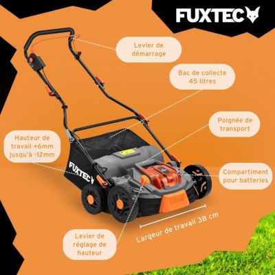 Fuxtec Scarificateur Aérateur À Batterie 40v Set Fx-e2ve38set Avec 2 Batteries Et Chargeur, 2-en-1, Largeur 38 Cm
