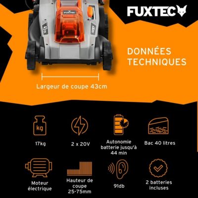 Fuxtec tondeuse a gazon sans fil avec batteries 430 mm 400 m2 gris 40 V