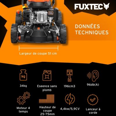 Fuxtec tondeuse à gazon thermique mulching autotractée 196cm3 largeur de coupe 51cm redonne du tonus à votre pelouse