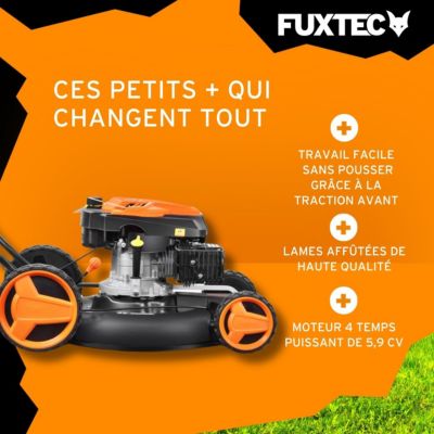 Fuxtec tondeuse à gazon thermique mulching autotractée 196cm3 largeur de coupe 51cm redonne du tonus à votre pelouse