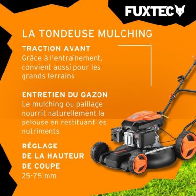 Fuxtec tondeuse à gazon thermique mulching autotractée 196cm3 largeur de coupe 51cm redonne du tonus à votre pelouse