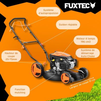 Fuxtec tondeuse à gazon thermique mulching autotractée 196cm3 largeur de coupe 51cm redonne du tonus à votre pelouse