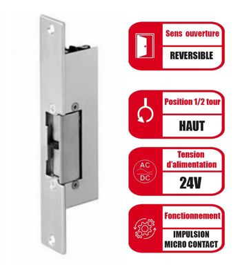 Gache électrique à encastrer 24V réversible 107 mm à émission et micro contact Beugnot 500