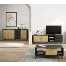 GADDI - Pack Meuble TV 181cm + Table Basse + Buffet 3 Portes Effet Bambou Tressé