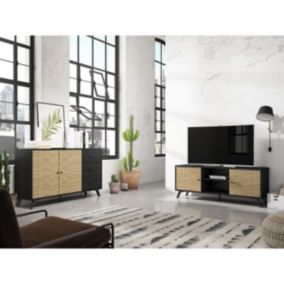 GADDI - Pack Salon Meuble TV 136cm + Buffet 2 Portes 3 Tiroirs Effet Bambou Tressé