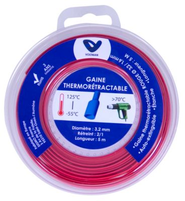 Gaine thermorétractable 5m - diamètre 3,2/1,6mm - Rouge - Voltman