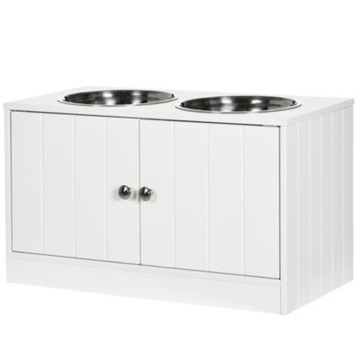 Gamelle double chien chat - porte-gamelles surélevé armoire 2 en 1 - 2 portes, 2 gamelles - acier inox. MDF blanc
