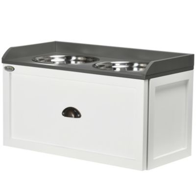 Gamelle double chien chat - porte-gamelles surélevé rangement 2 en 1 - tiroir, 2 gamelles - acier inox. MDF blanc gris