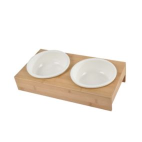 Gamelle double en céramique et bambou pour chien et chat - Diam 16 cm