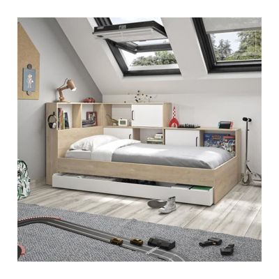 GAMI Lit enfant avec rangement 90x200 cm - Decor chataignier naturel - L 221 x P 120 x H 104 cm - ARMEL